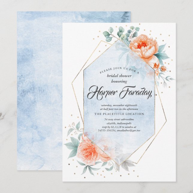 Möhippa för levande korall och blått Blommigt Inbjudningar (Fram/baksida)