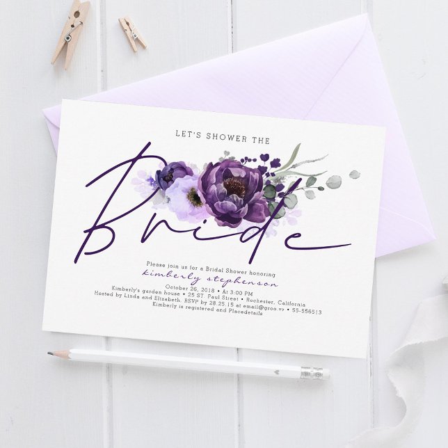 Möhippa för Lila av Blommigt Calligraphy  Inbjudningar (Purple Flowers Boho Bridal Shower Invitations)