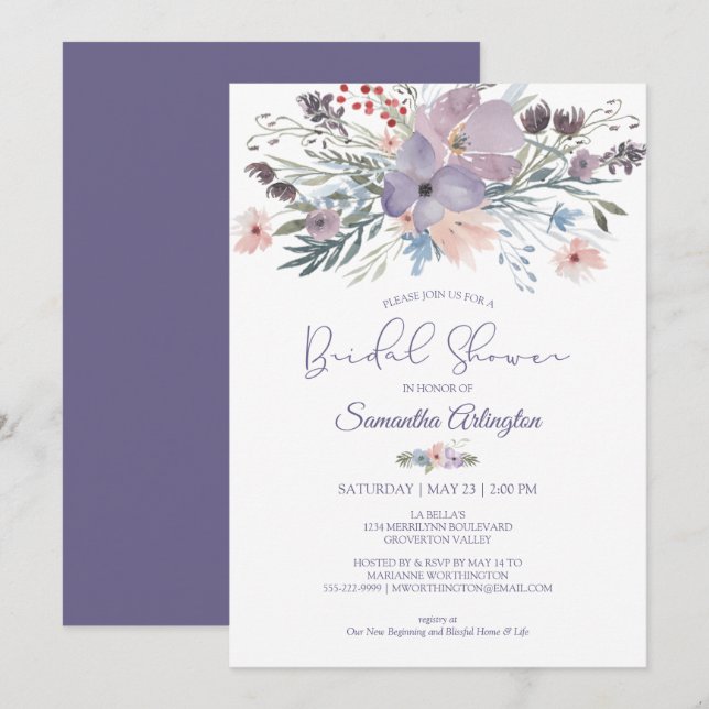  Möhippa för Lila av vattenfärgsBlommigt Inbjudningar (Fram/baksida)