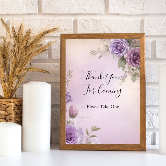 Möhippa för lila Blommigt Favorittecken Bord Poster (Purple watercolor floral Bridal Shower Wedding Shower Favor table sign)