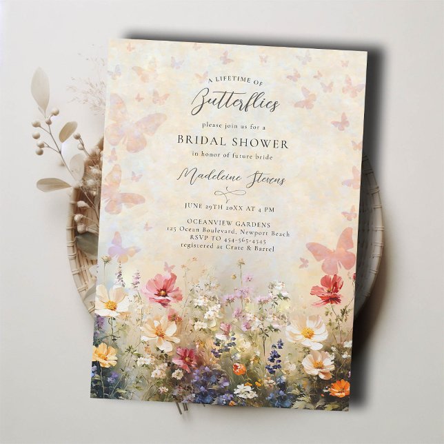 Möhippa för livstidsfjäril Peach Wildblomma Inbjudningar (lifetime butterflies bridal shower invitation brunch tea pink peach red wildflowers garden party)