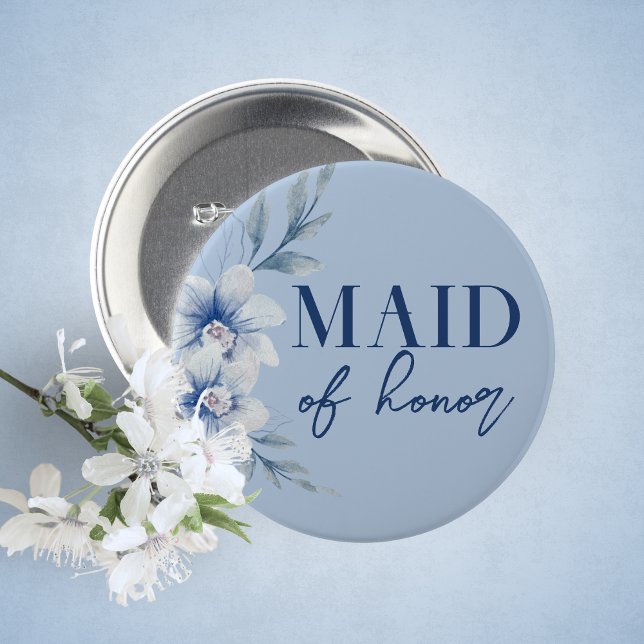 Möhippa för Maid of honor Blue Blommigt  Knapp (Maid of Honor Watercolor Blue Floral Guest of Honor Buttons. 5 Sizes Available)