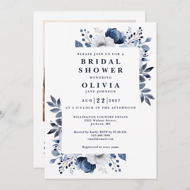 Möhippa för marin blå Blommigt - foto QR-kod Inbjudningar (Fram/baksida)