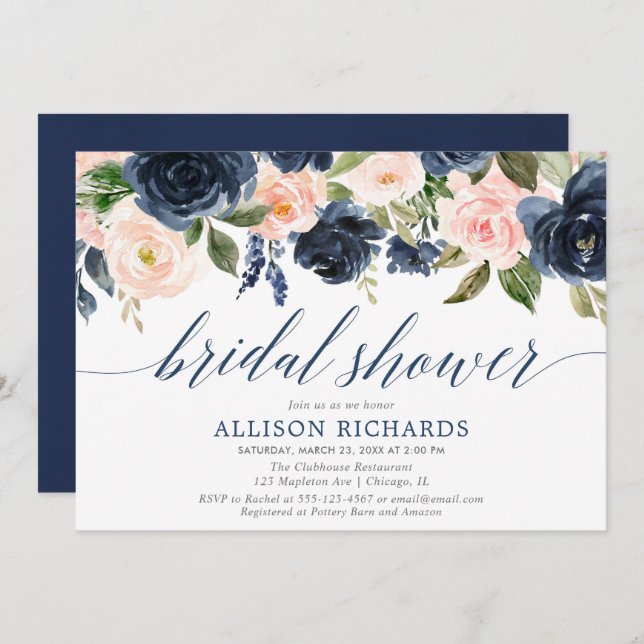 Möhippa för marin blå och  rosa inbjudningar (Fram/baksida)