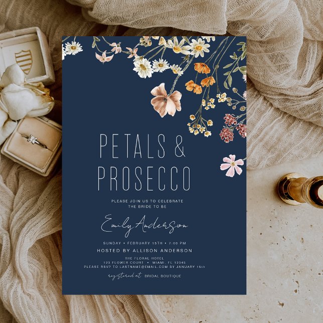 Möhippa för marin blå Petals och Prosecco Inbjudningar (Skapare uppladdad)