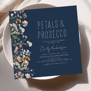 Möhippa för marin blå Petals och Prosecco Inbjudningar