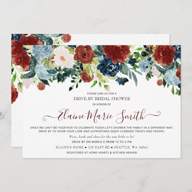 Möhippa för marin burgundy-Blommigt Inbjudningar (Fram/baksida)