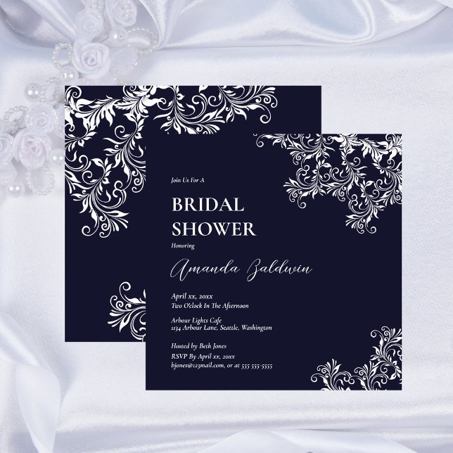 Möhippa för marin och vit Elegant Inbjudningar (Navy and White Elegant Bridal Shower Invitation)
