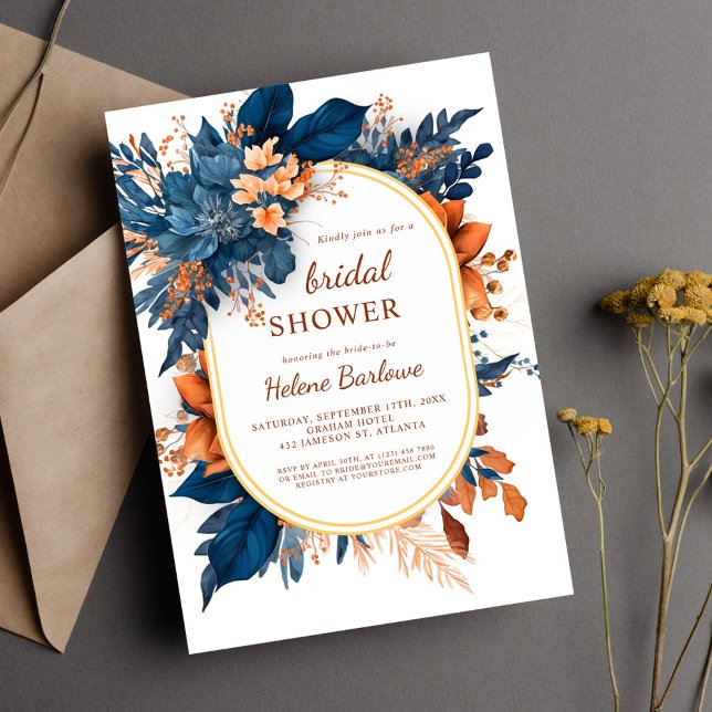 Möhippa för marin Orange Modern Elegant Blommigt Inbjudningar (Navy Orange Modern Elegant Floral Bridal Shower Invitation)