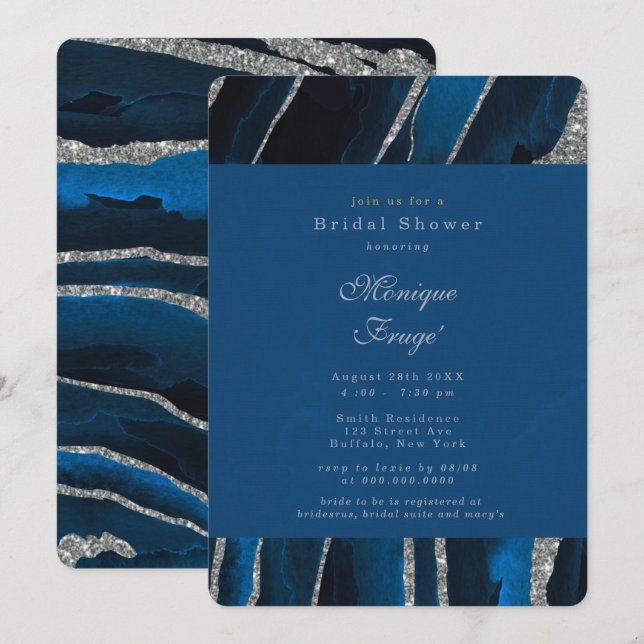 Möhippa för marinblått och Silver Glitter-agat Inbjudningar (Fram/baksida)
