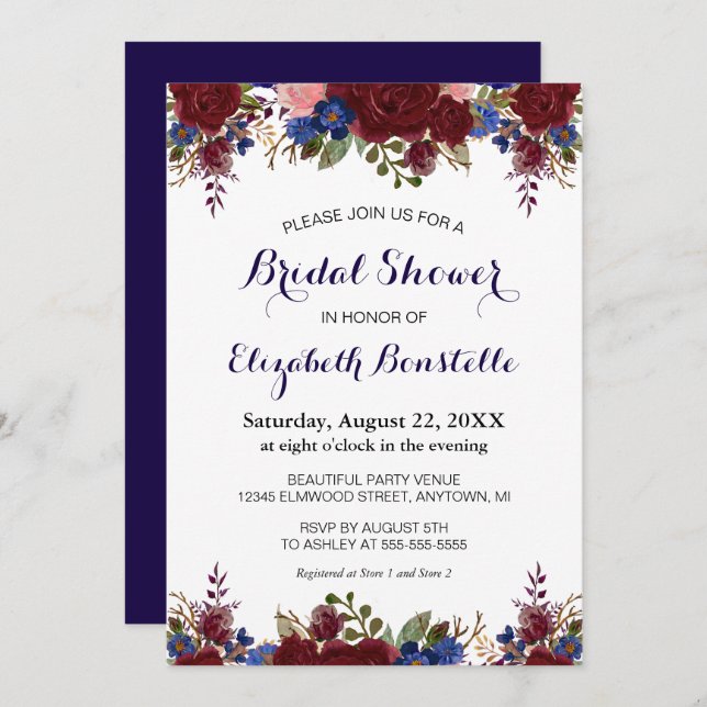 Möhippa för marsala-Blommigten Inbjudningar (Fram/baksida)