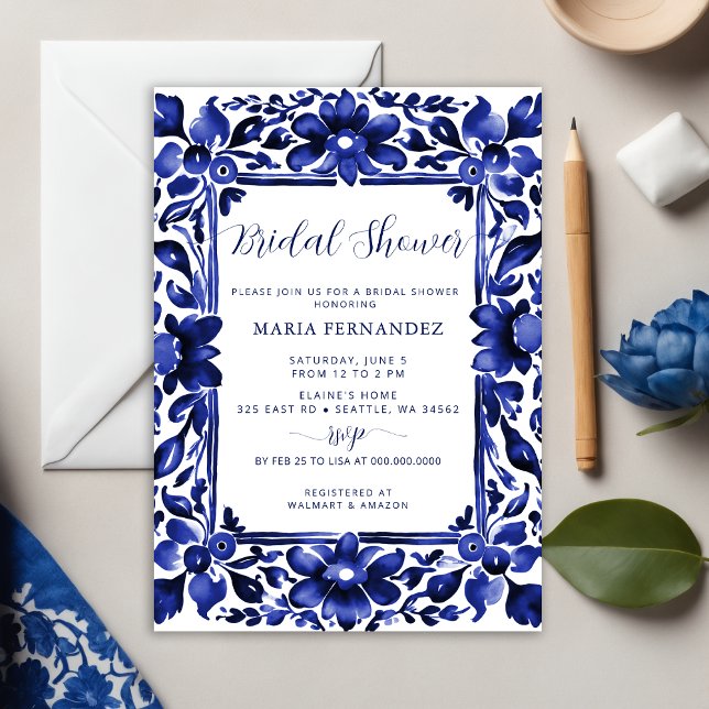 Möhippa för mexikanska Fiesta Blue Talavera Inbjudningar (Mexican Fiesta Blue Talavera Bridal Shower Invitation)