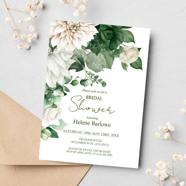 Möhippa för modern Blommigt Emerald Grönt Inbjudningar (Modern Floral Emerald Green Bridal Shower Invitation)
