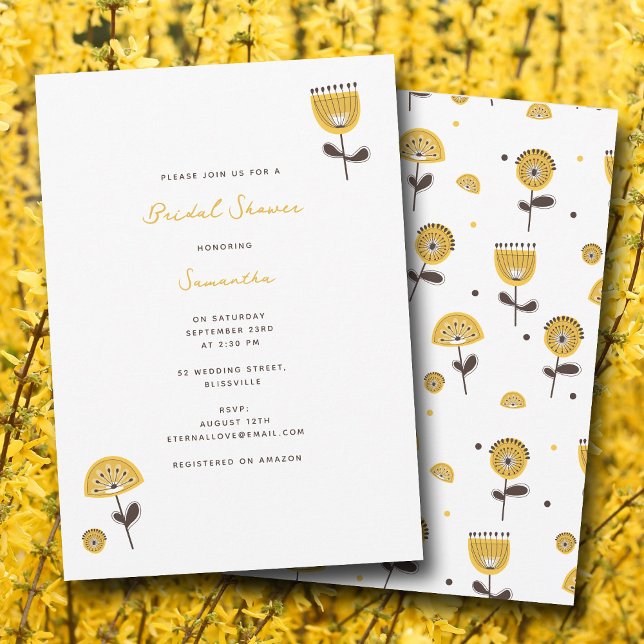 Möhippa för Modern Gult Blommigt i mitten av århun Inbjudningar (Mid Century Modern Yellow Floral Bridal Shower Invitation)