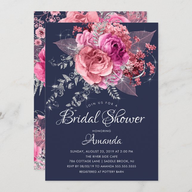 Möhippa för modern marin Rosa och Silver Blommigt Inbjudningar (Fram/baksida)