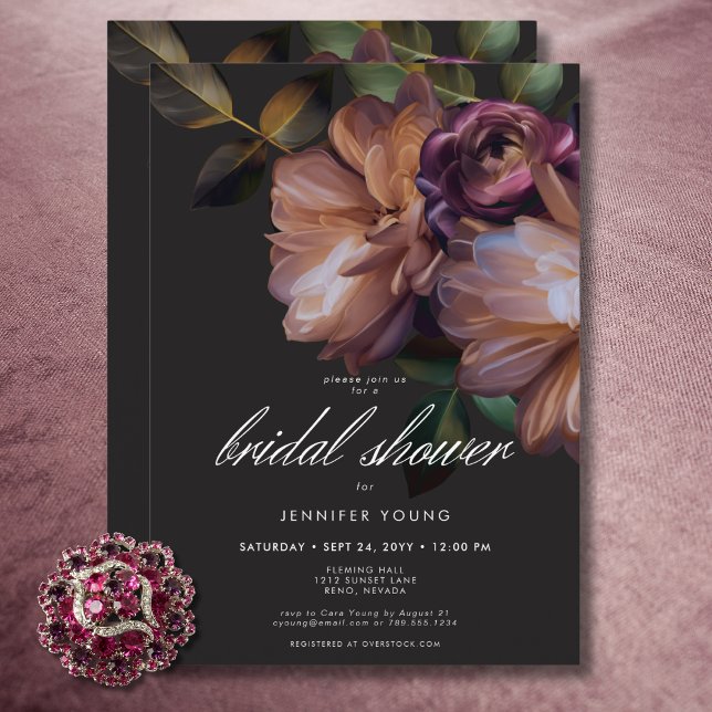 Möhippa för Moody Blommigt i elegant Black Inbjudningar (Elegant Black Moody Floral Bridal Shower Invitation)