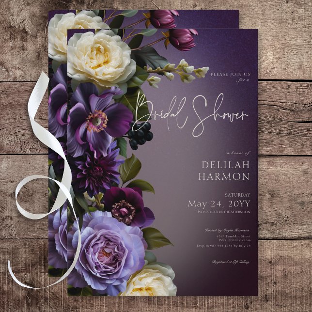 Möhippa för Moody Lila och Blommigt för mörk Inbjudningar (Dark Moody Purple & Lavender Floral Bridal Shower Invitation)