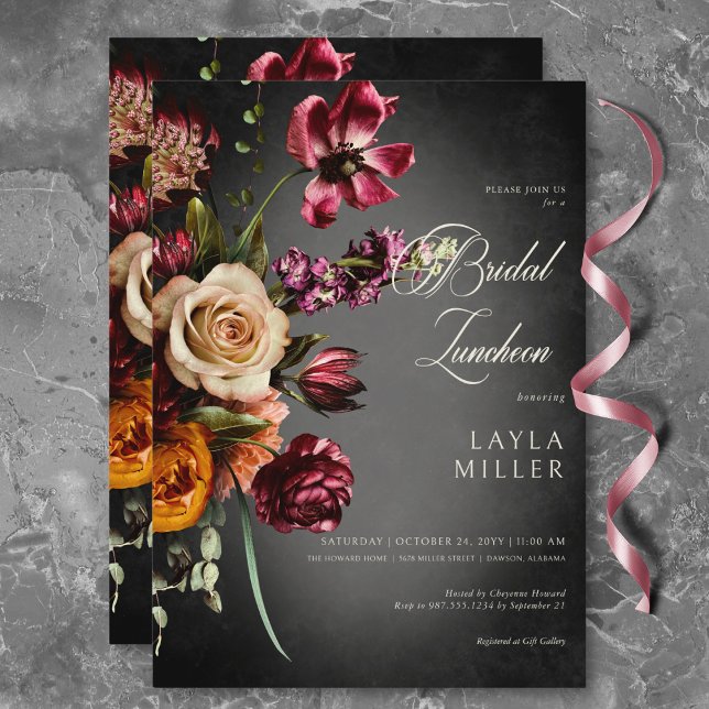 Möhippa för mörk Elegant Oskärpa HöstBlommigt Lunc Inbjudningar (Dark Elegant Blur Autumn Floral Bridal Luncheon Invitation)