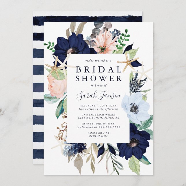 Möhippa för Nautisk blå Rosa vattenfärgsfärg Blomm Inbjudningar (Fram/baksida)