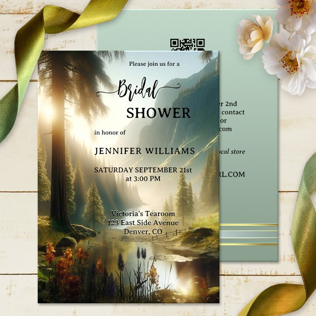 Möhippa för ombytta skogsområden inbjudningar (Original bridal shower invitation featuring a painting of a mountain scene with enchanted forest)
