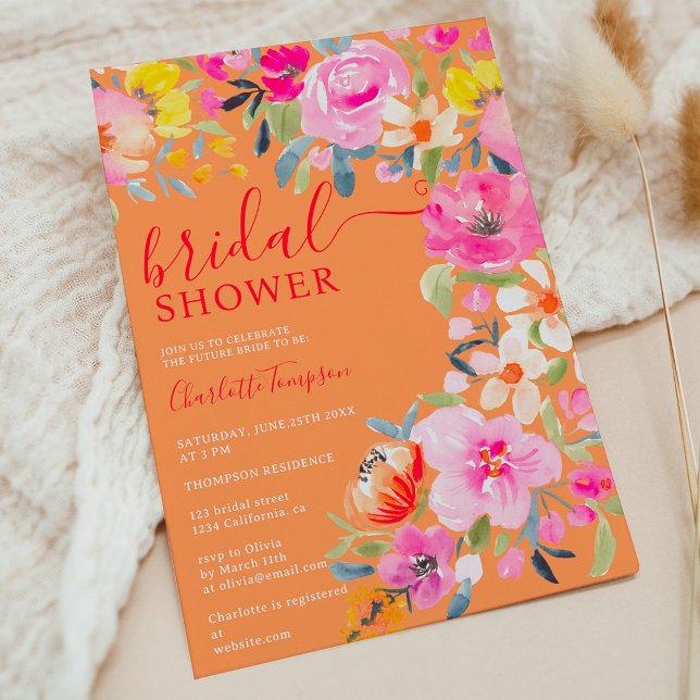 Möhippa för orange av vattenfärg i bohemisk blommi inbjudningar (Bohemian floral watercolor orange bridal shower invitation)