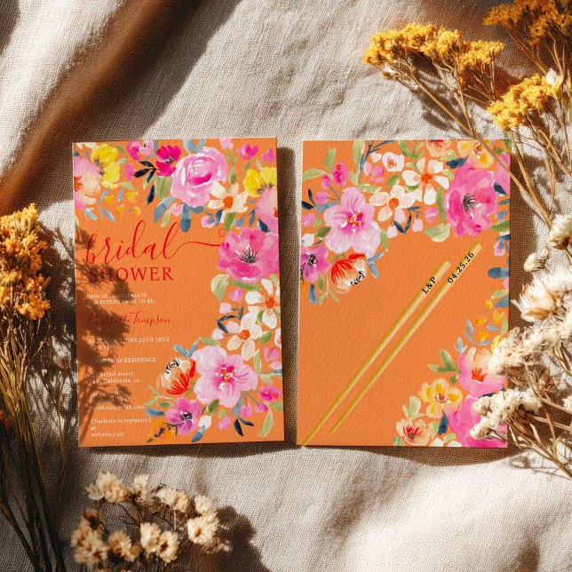 Möhippa för orange av vattenfärg i bohemisk blommi inbjudningar (Bohemian floral watercolor orange bridal shower invitation)