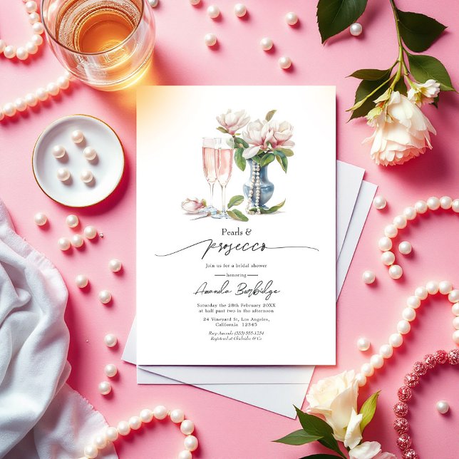 Möhippa för pärlor och Elegant av prosecco Inbjudningar (Pearls and Prosecco Elegant Bridal Shower Invitation)