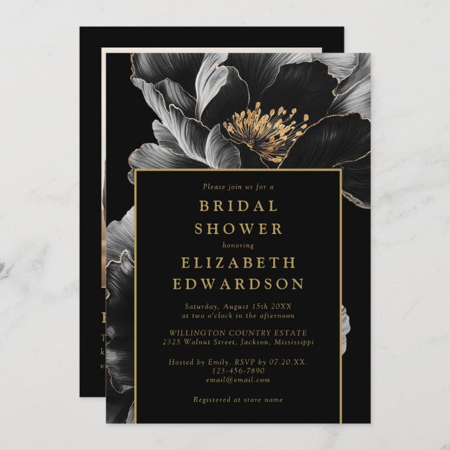 Möhippa för QR-kod för svart och Guld-Blommigt Inbjudningar (Fram/baksida)