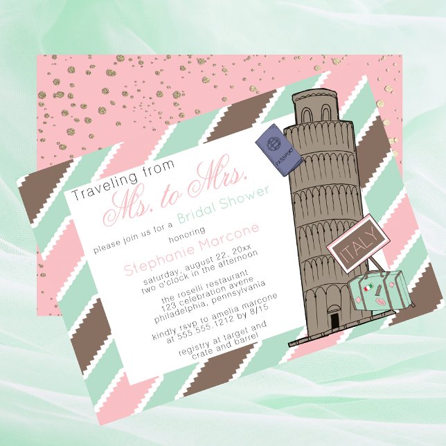 Möhippa för resor från Ms till Mrs Italien Theme Inbjudningar (Traveling From Ms To Mrs Italy Travel Destination Leaning Tower of Pisa Bridal Shower Invitation)
