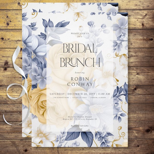 Möhippa för romantisk Gult Blue & White Blommigt B Inbjudningar (Romantic Yellow Blue & White Floral Bridal Brunch Invitation)