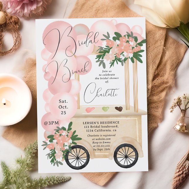 Möhippa för rosa av ballonger för gräddpunktsbrick inbjudningar (Cute ice cream cart pink balloons bridal shower invitation)