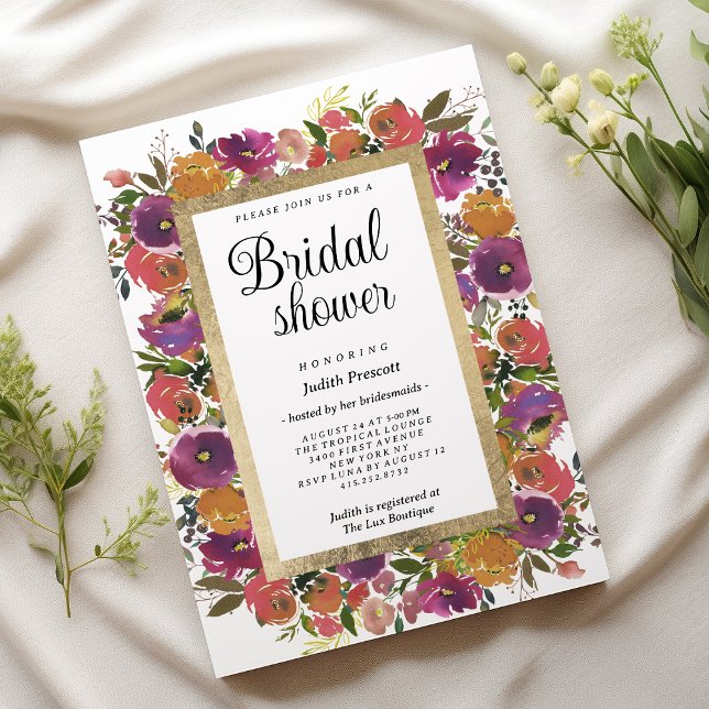 Möhippa för rosa av blommigt av botanisk lila oran inbjudningar (Botanic purple orange pink floral Bridal Shower)