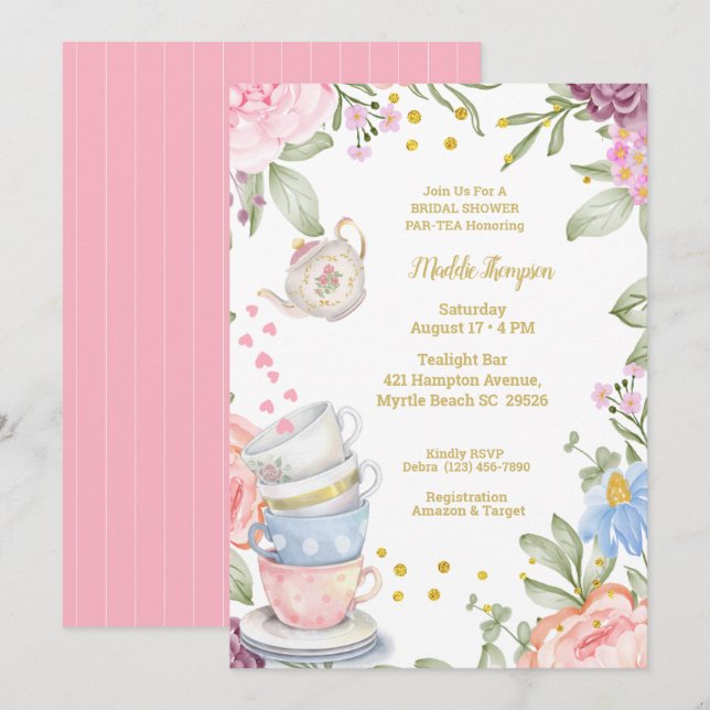 Möhippa för Rosa av Elegant av Grönt i Tea Party Inbjudningar (Fram/baksida)
