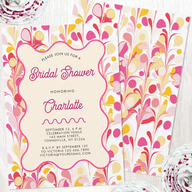 Möhippa för Rosa av modern Retro-Abstrakt Inbjudningar (Modern abstract groovy abstract wavy personalized bridal shower invitation)