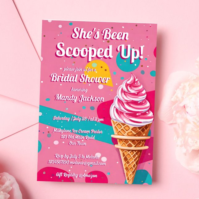 Möhippa för rosa av skopplad efterskinlig kräm inbjudningar (She's been Scooped up pink retro ice cream bridal shower invitation template digital download)