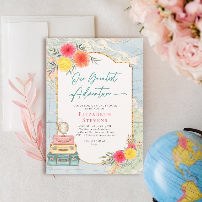 Möhippa för Rosa av Underbarare Blommigt i Äventyr Inbjudningar (travel bridal shower invitation floral watercolor world map suitcases elegant pink teal)
