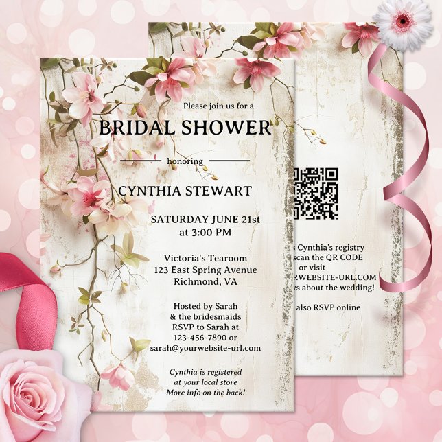 Möhippa för Rosa av vattenfärgen Boho Chic  Blommi Inbjudningar (Boho chic bridal shower invitation showing watercolor pink flowers on a rustic background - QR code)