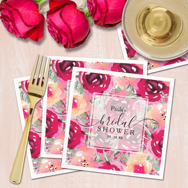 Möhippa för Rosa av vattenfärgen i chic Blommigt Pappersservett (Chic watercolor pink and cream floral bridal shower personalized napkins)