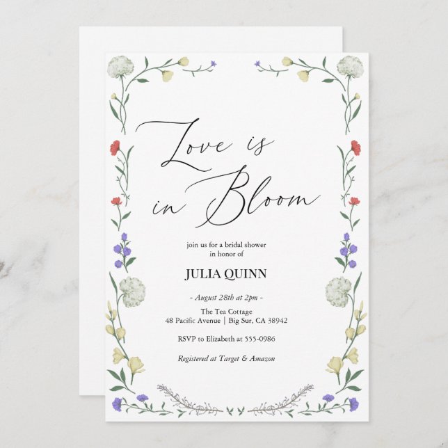 Möhippa för Rosa av vattenfärgsBlommigt Grönt Inbjudningar (Fram/baksida)