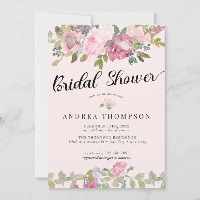 Möhippa för Rosa av vattenfärgsBlommigt Inbjudningar (Framsida)