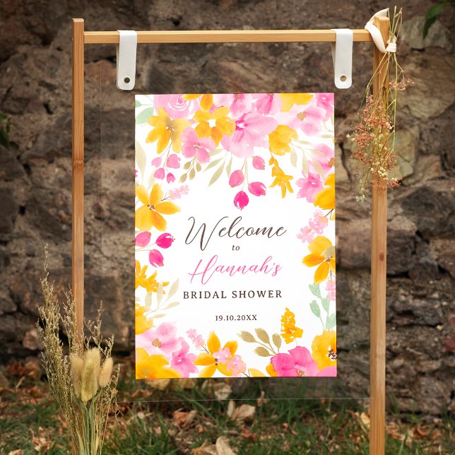 möhippa för rosa av vattenfärgschic för  av blommi poster (Chic yellow pink floral watercolor bridal welcome poster)