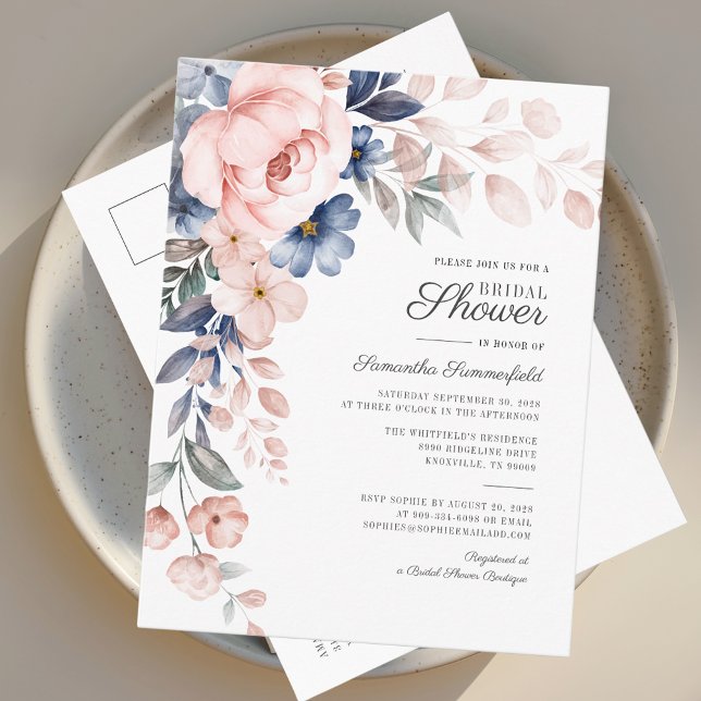Möhippa för Rosa av vattenfärgsskript i modern Blo Inbjudan Vykort (Floral Watercolor Pink Flowers Bridal Shower Invitation Postcard)