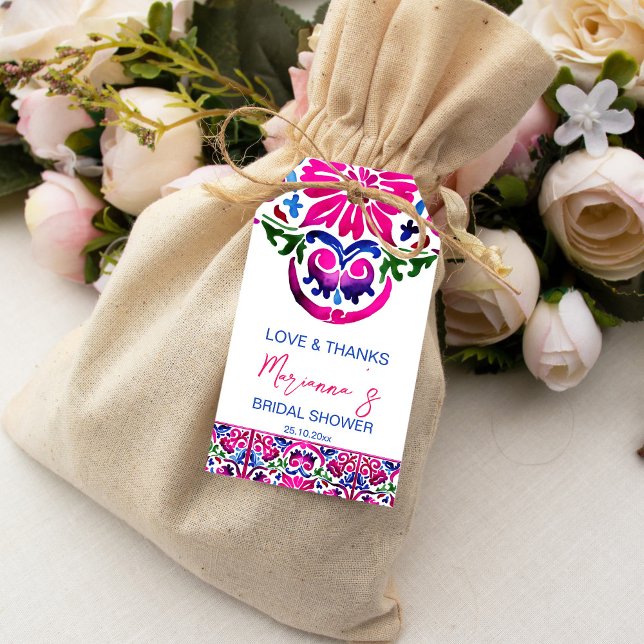möhippa för rosa blå mexikanska plattor presentetikett (Pink and blue Talavera Mexican tiles pattern bridal shower favor gift tags modern watercolor tiles)