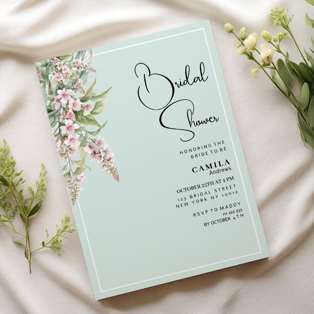 Möhippa för  rosa, blommigt, vattenfärg inbjudningar (Watercolor blush pink mint floral Bridal Shower)