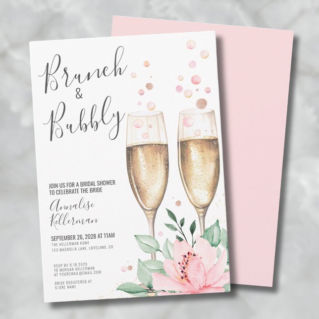 Möhippa för  Rosa i Brunch och Bubly Inbjudningar (Brunch And Bubbly Blush Pink Floral Bridal Shower Invitation)