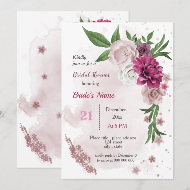 möhippa för rosa mauf-blommor och grönt löv inbjudningar (Fram/baksida)