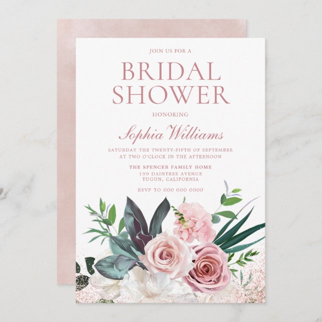 Möhippa för  Rosa och Dusty Ro Blommigt Inbjudningar (Fram/baksida)