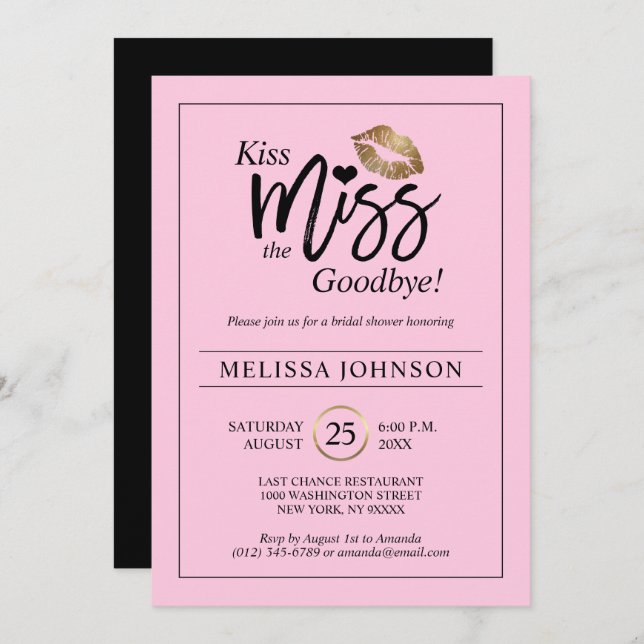 Möhippa för rosor för kyssFröcken Goodbye guld- Inbjudningar (Fram/baksida)