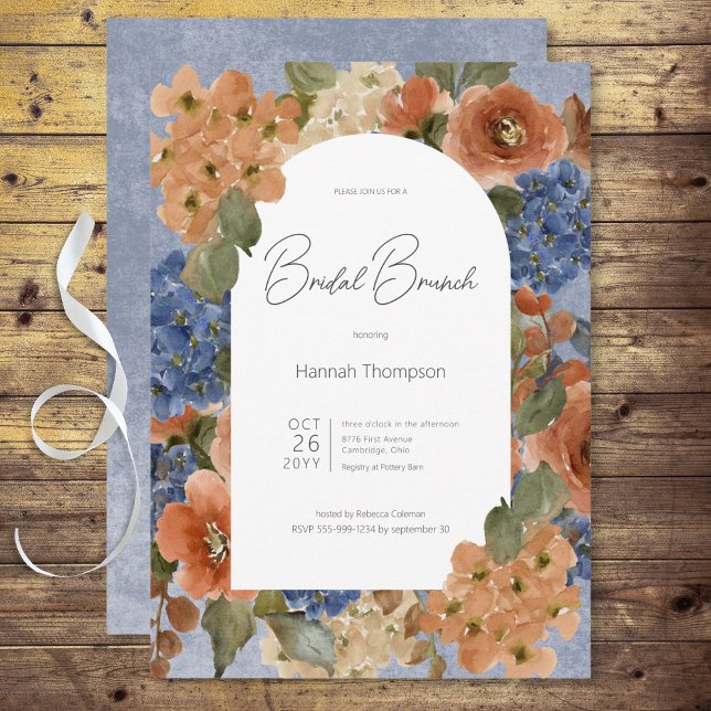 Möhippa för Rustic Blue & Rust Blommigt Brunch Inbjudningar (Rustic Blue & Rust Floral Bridal Brunch Invitation)