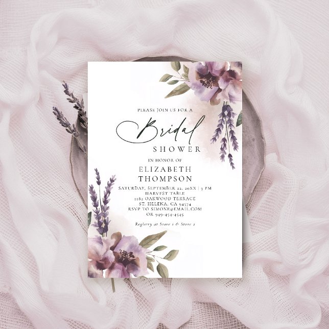 Möhippa för Rustic Lavender Lila Blommigt Chic Inbjudningar (rustic lavender bridal shower invitation watercolor elegant floral mauve purple barn ranch garden)